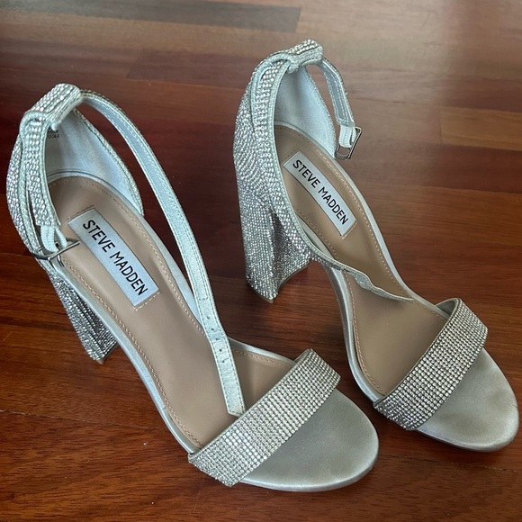 STEVE MADDEN Carrson Silver Ankle Strap Block Heels Formal Sparkly Crystals - Picture 14 of 14